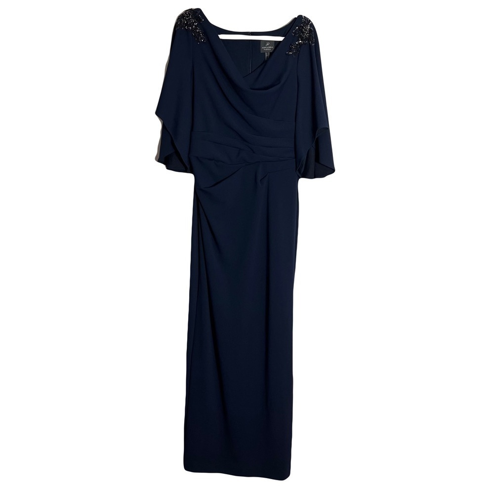 Adrianna Papell Womens Flutter Sleeve Long Jersey Dress In Ink Size 12 Beaded